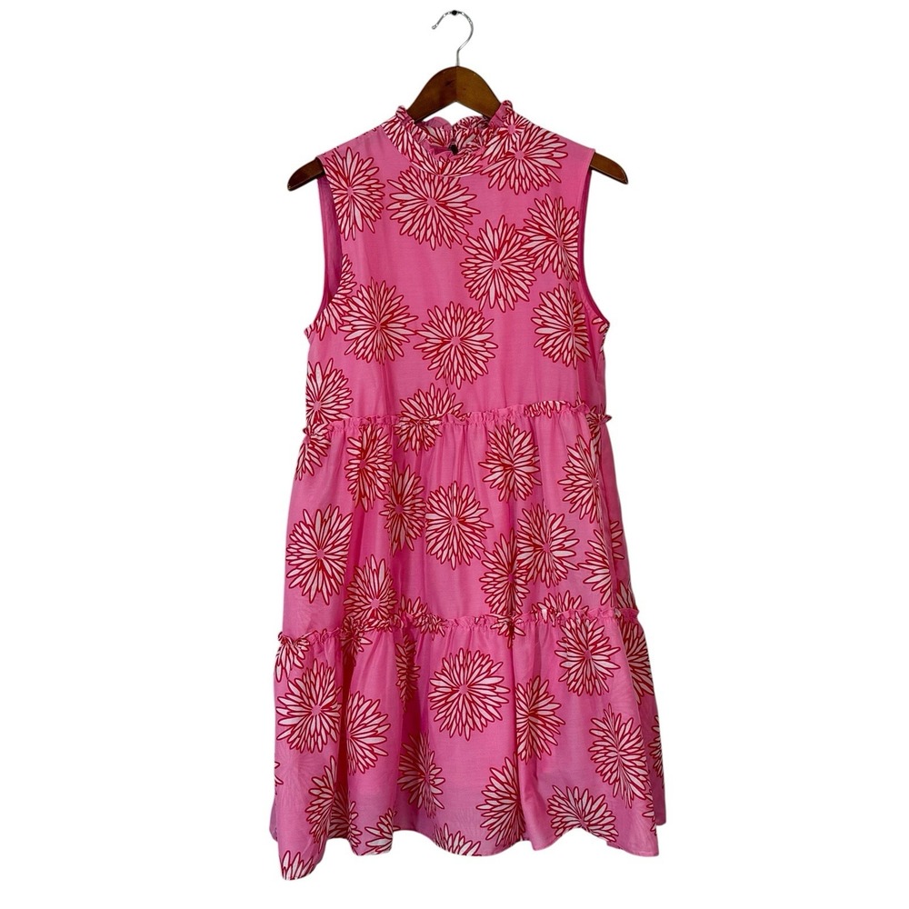J Marie The Lucy Tiered Sleeveless Dress Womans Sz MD Pink Floral Print Lined